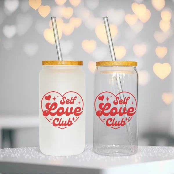 16 oz Self Love Club Iced Coffee Glass Cup - Valentines Day Coffee Cup - Tumbler with Lid and Straw