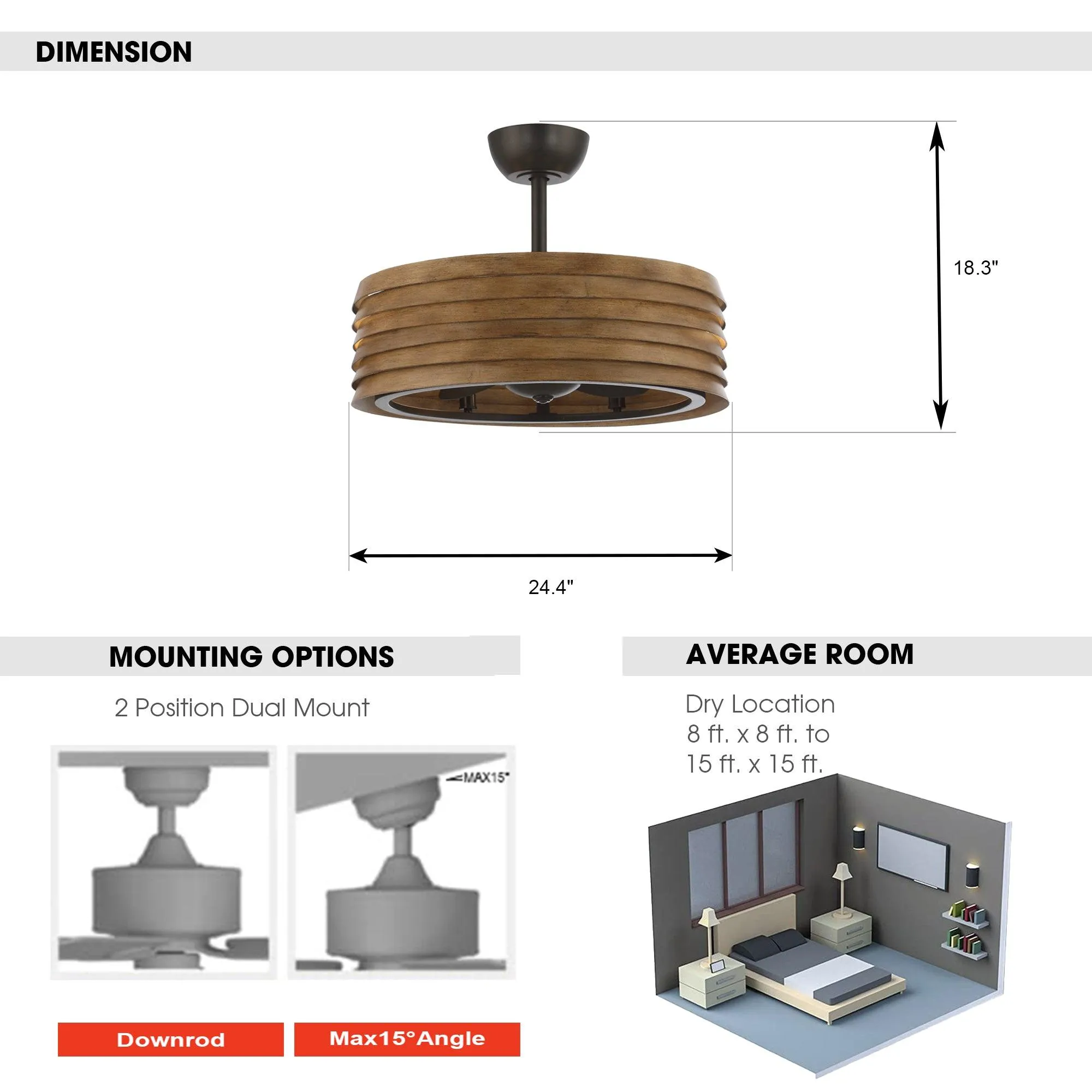 24" Farmhouse DC Motor Downrod Mount Reversible Fandelier Ceiling Fan with Lighting and Remote Control