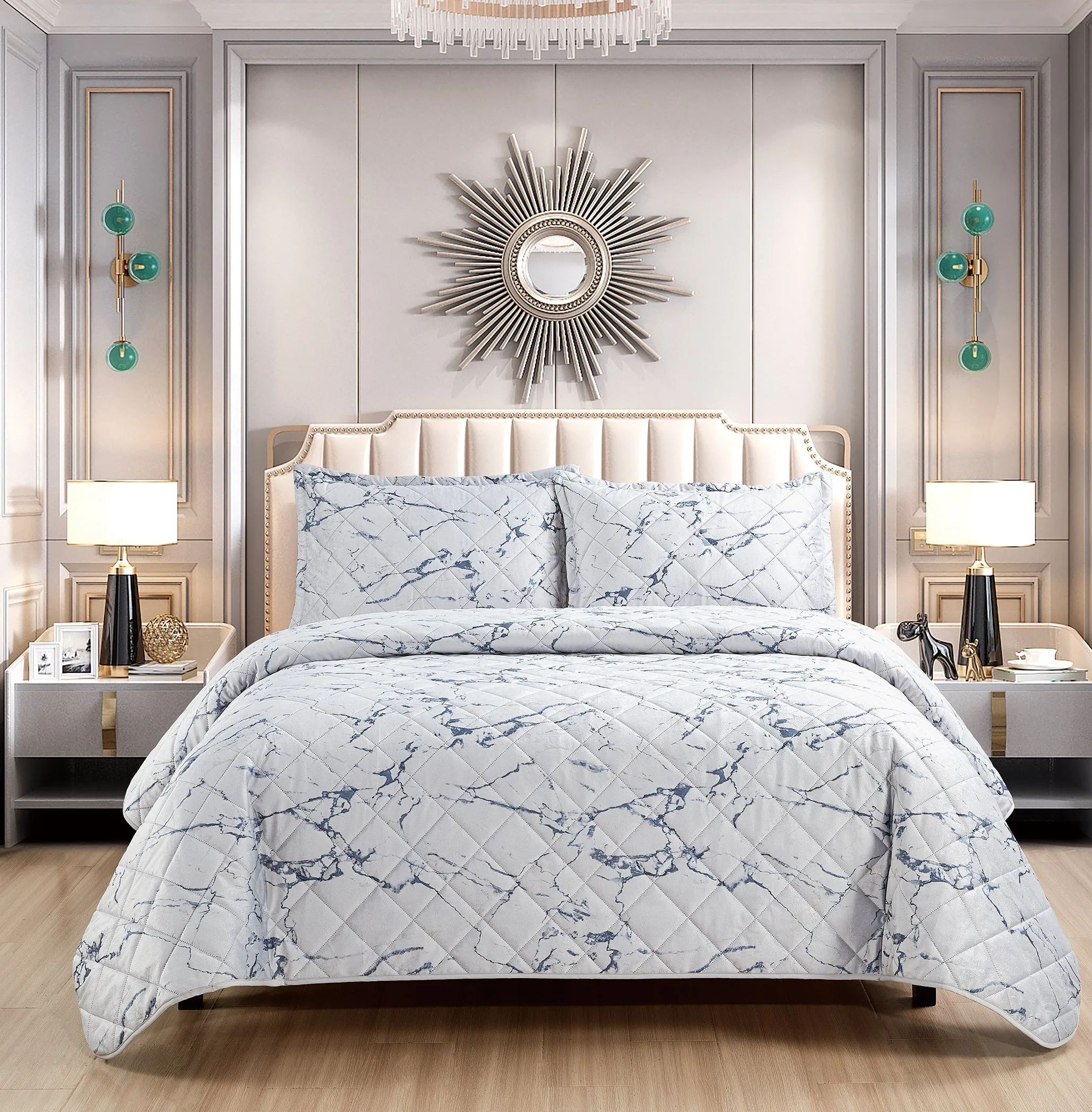 3 Piece Velvet Bedspread Set Quilted Bed Throw Marble Design Bed Set & 2 Pillow Shams (Silver)