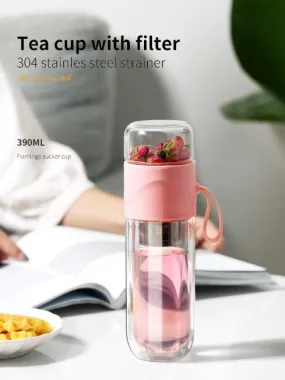 390ml Portable Double Wall Glass Travel Tea Infuser Bottle