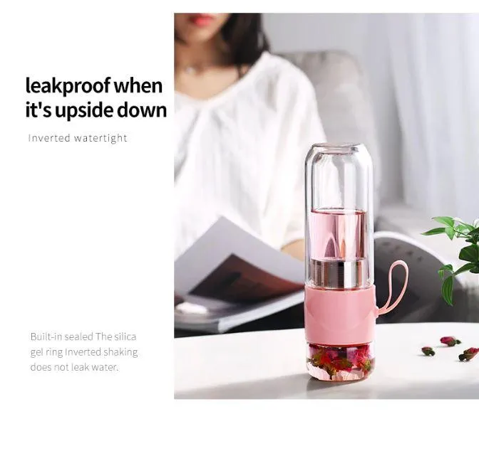 390ml Portable Double Wall Glass Travel Tea Infuser Bottle