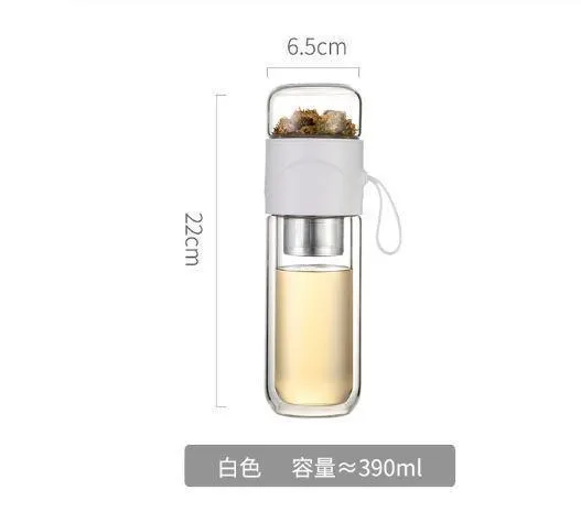 390ml Portable Double Wall Glass Travel Tea Infuser Bottle