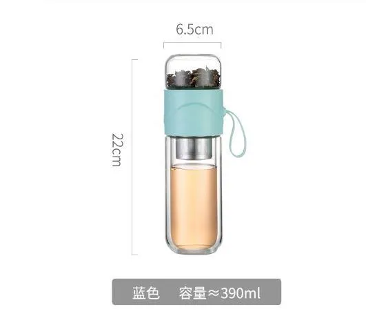 390ml Portable Double Wall Glass Travel Tea Infuser Bottle