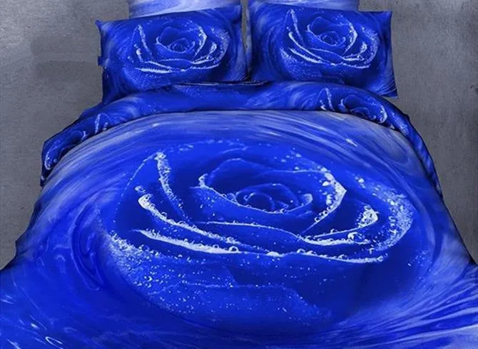 3D Blooming Blue Rose with Dewdrop Printed Cotton Luxury 4-Piece Bedding Sets