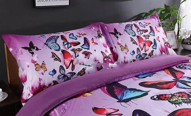 3D Colorful Butterflies and Purple Flower Printed Luxury 4-Piece Bedding Sets/Duvet Covers