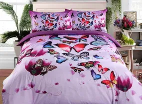 3D Colorful Butterflies and Purple Flower Printed Luxury 4-Piece Bedding Sets/Duvet Covers