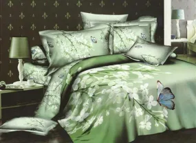 3D White Blooms and Butterfly Green Cotton Luxury 4-Piece Bedding Sets/Duvet Covers