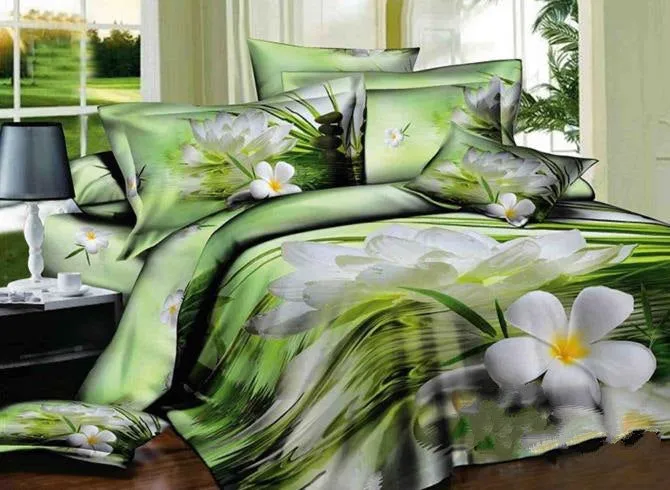 3D White Daffodils on Water Edge Printed Cotton Luxury 4-Piece Green Bedding Sets