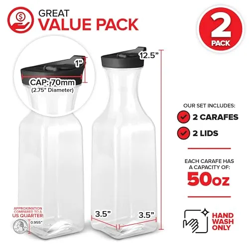 50oz Plastic Juice Carafe with Black Lids (2 Pack) 50 oz Carafes for Mimosa Bar, Drink Pitcher with Lid, Milk Container, Clear Beverage Containers for Fridge, Pantry Storage, Square Pitchers