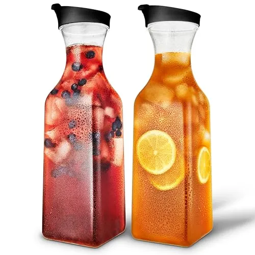 50oz Plastic Juice Carafe with Black Lids (2 Pack) 50 oz Carafes for Mimosa Bar, Drink Pitcher with Lid, Milk Container, Clear Beverage Containers for Fridge, Pantry Storage, Square Pitchers