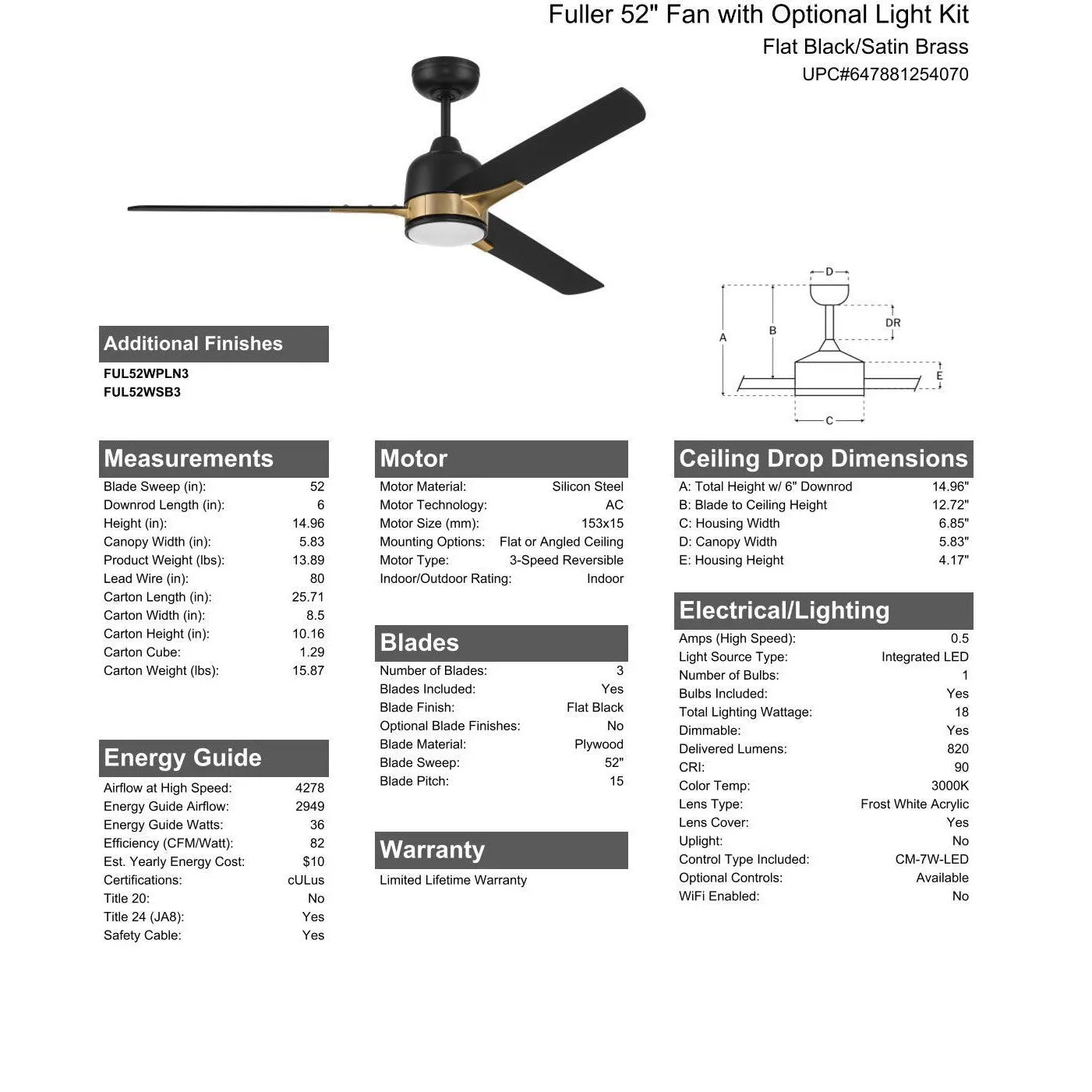 52" Fuller in Flat Black/Satin Brass w/ Flat Black Blades