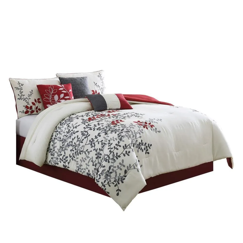 7 Piece Queen Comforter Set with Leaf Embroidery, Cream and Gray By Casagear Home