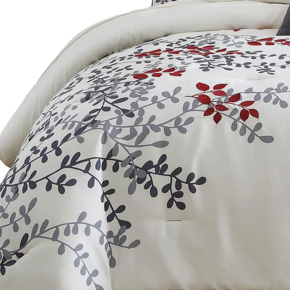 7 Piece Queen Comforter Set with Leaf Embroidery, Cream and Gray By Casagear Home