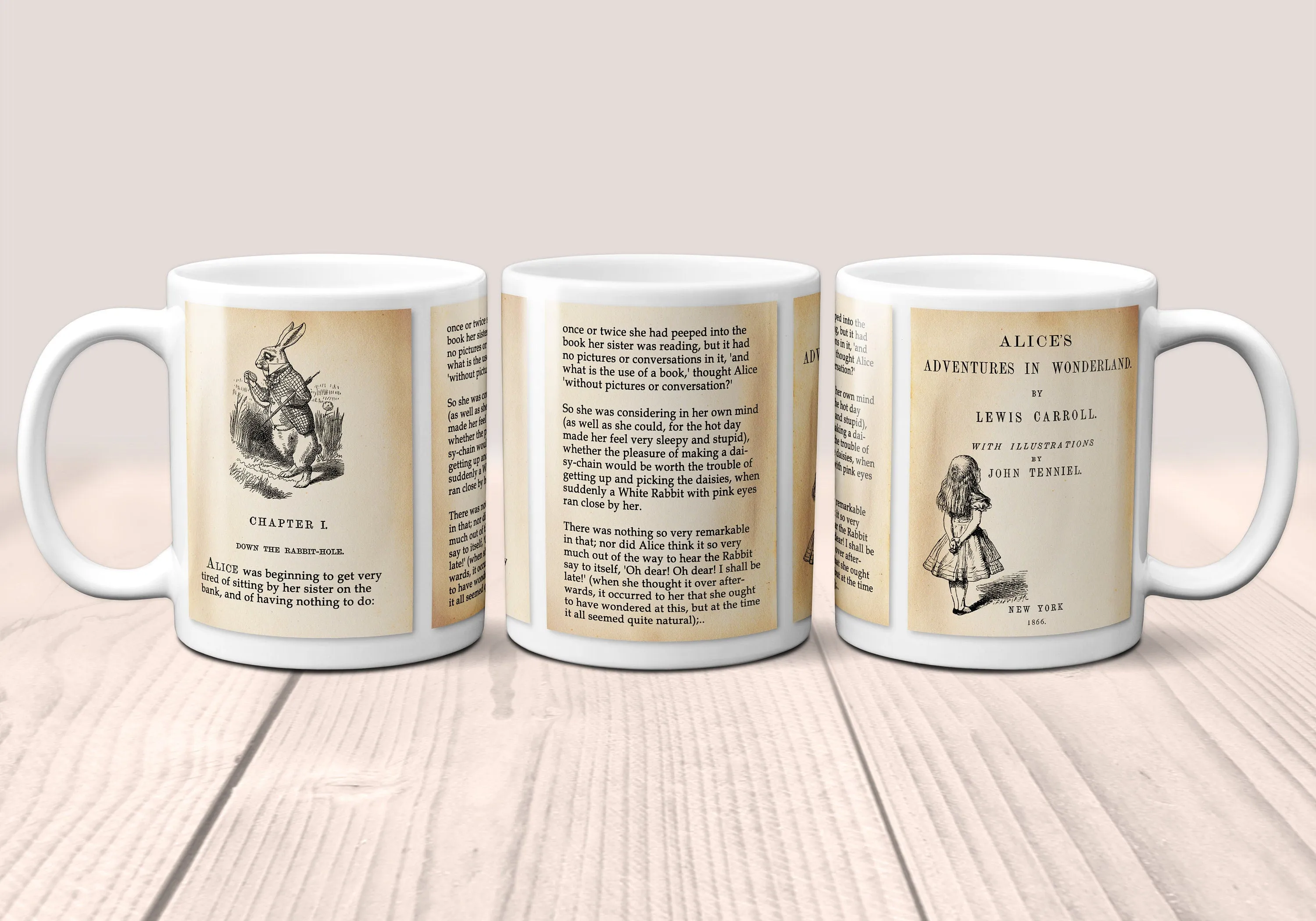 Alice in Wonderland by Lewis Carroll Mug. Coffee Mug with pages of Lewis Carroll's "Alice's Adventures in Wonderland" book, Literary Mug