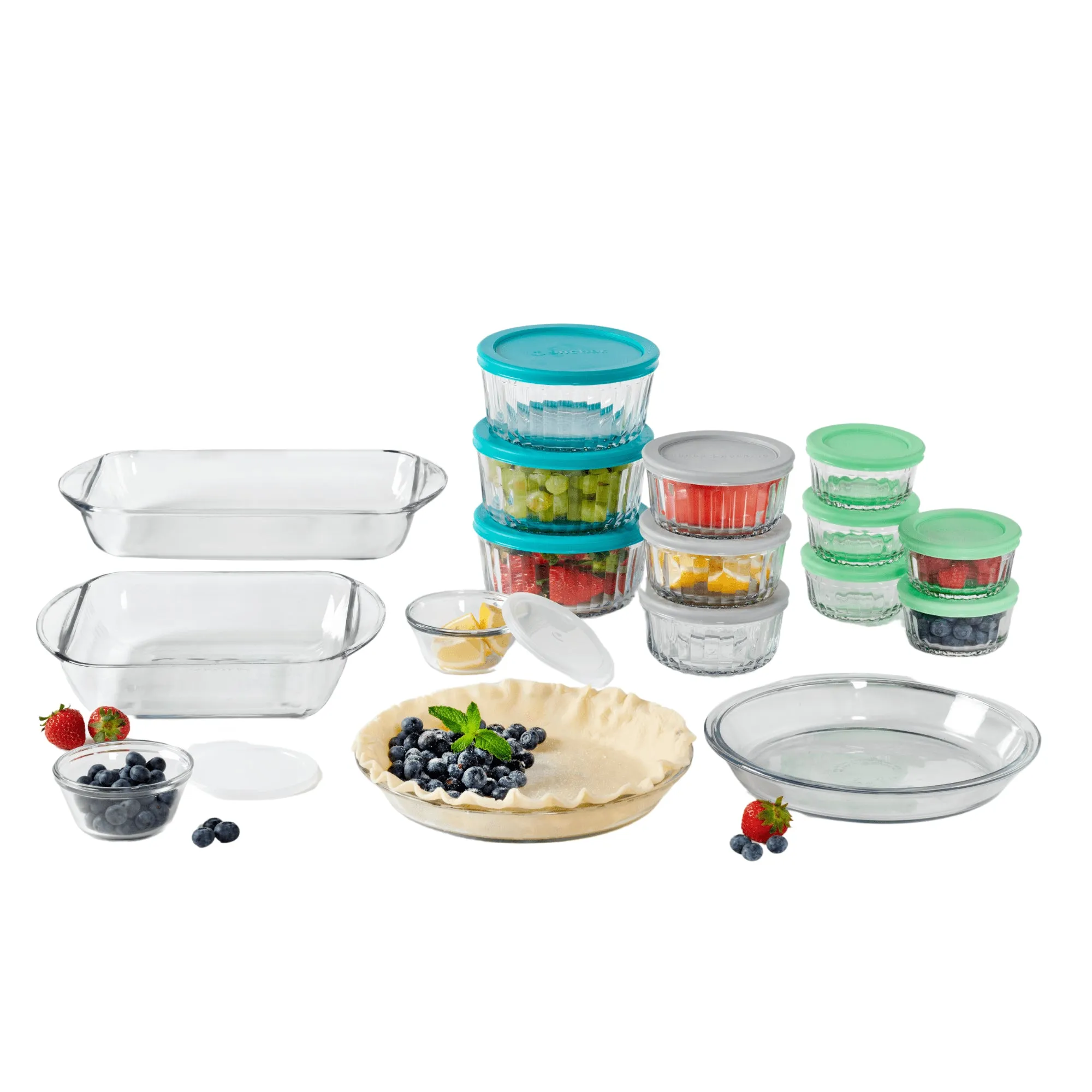 Anchor Hocking 14972WM24 30 Piece Glass Food Storage Containers & Glass Baking Dishes Set, Mixed Blue