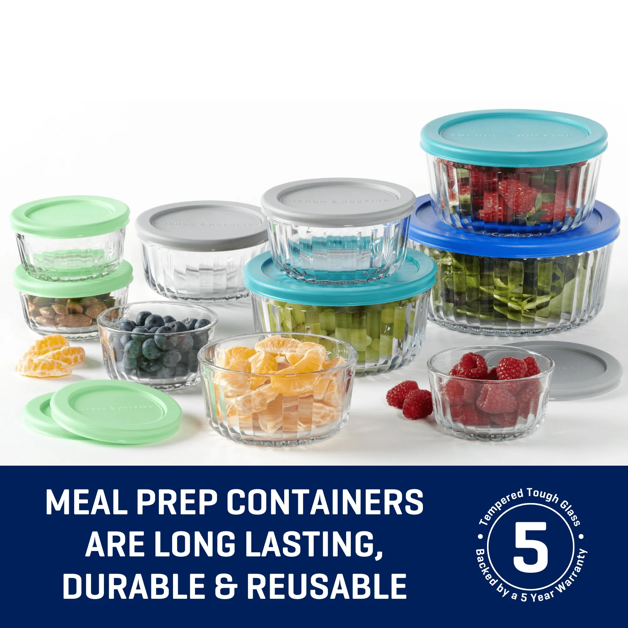 Anchor Hocking 14972WM24 30 Piece Glass Food Storage Containers & Glass Baking Dishes Set, Mixed Blue