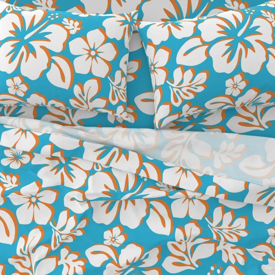 Aqua Blue, Orange and White Hawaiian Flowers Sheet Set from Surfer Bedding™️ Medium Scale