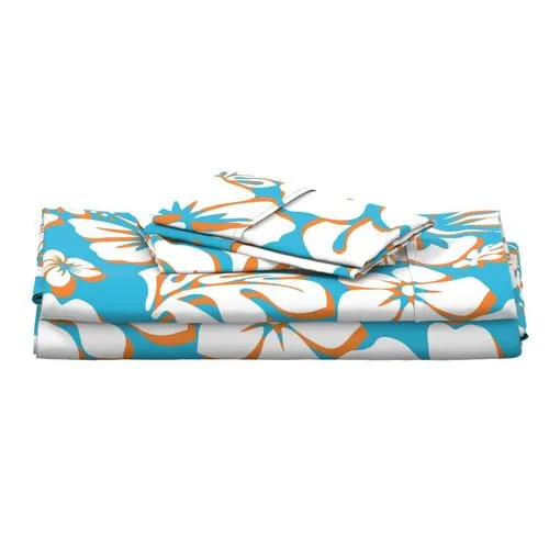 Aqua Blue, Orange and White Hawaiian Flowers Sheet Set from Surfer Bedding™️ Medium Scale