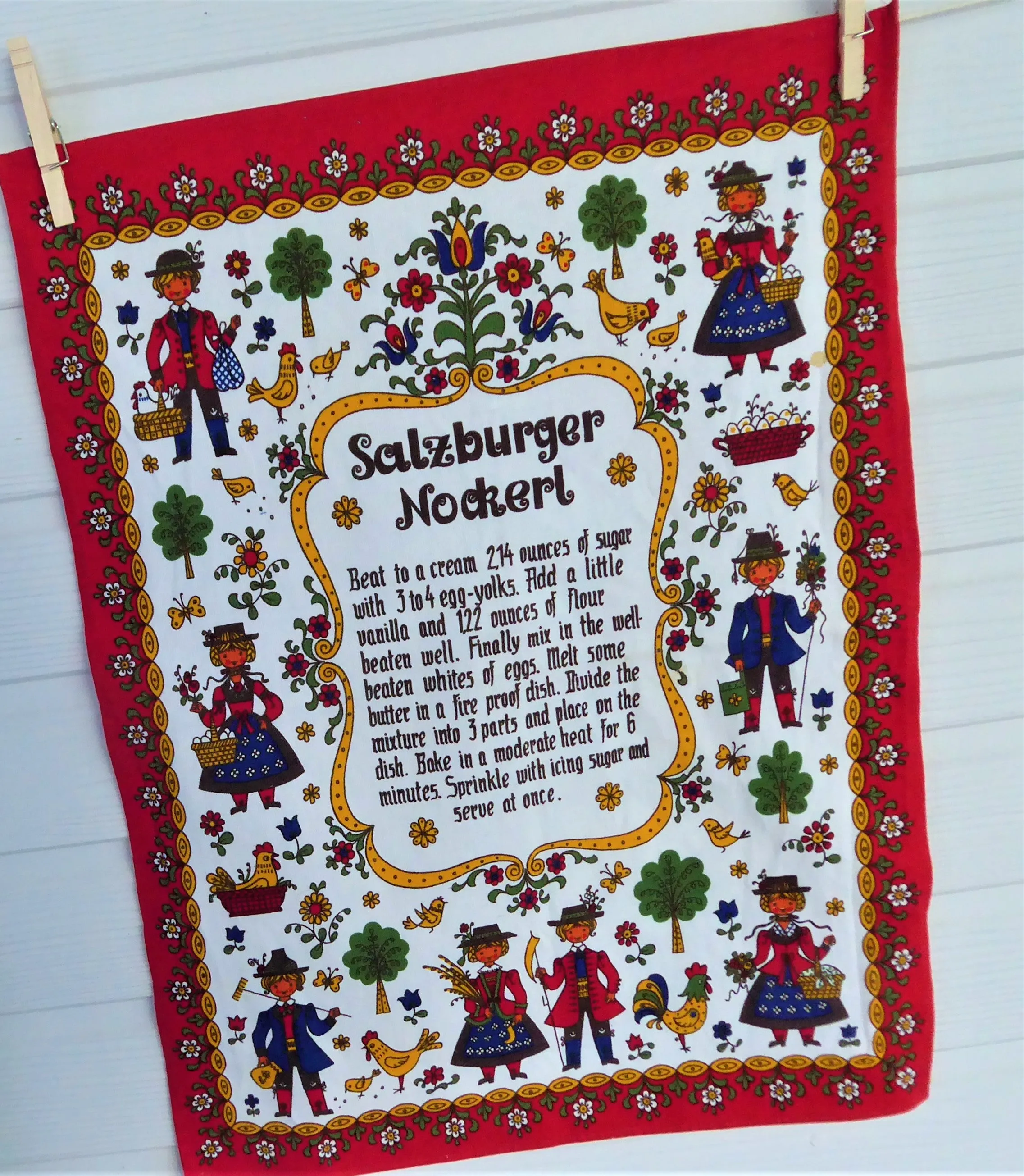 Austrian Tea Towel Salzburger Nockerl Recipe Dish Towel 1980s Cotton Folk Art