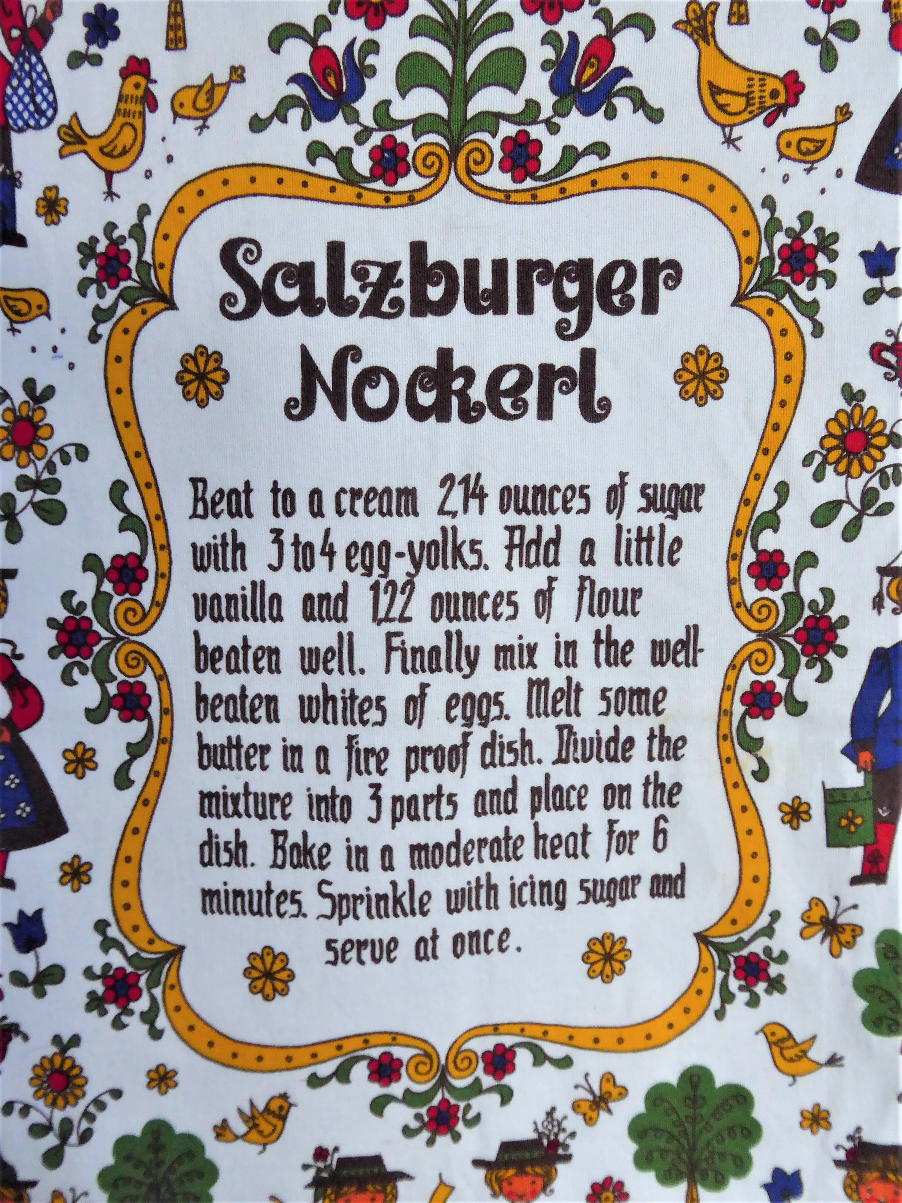 Austrian Tea Towel Salzburger Nockerl Recipe Dish Towel 1980s Cotton Folk Art