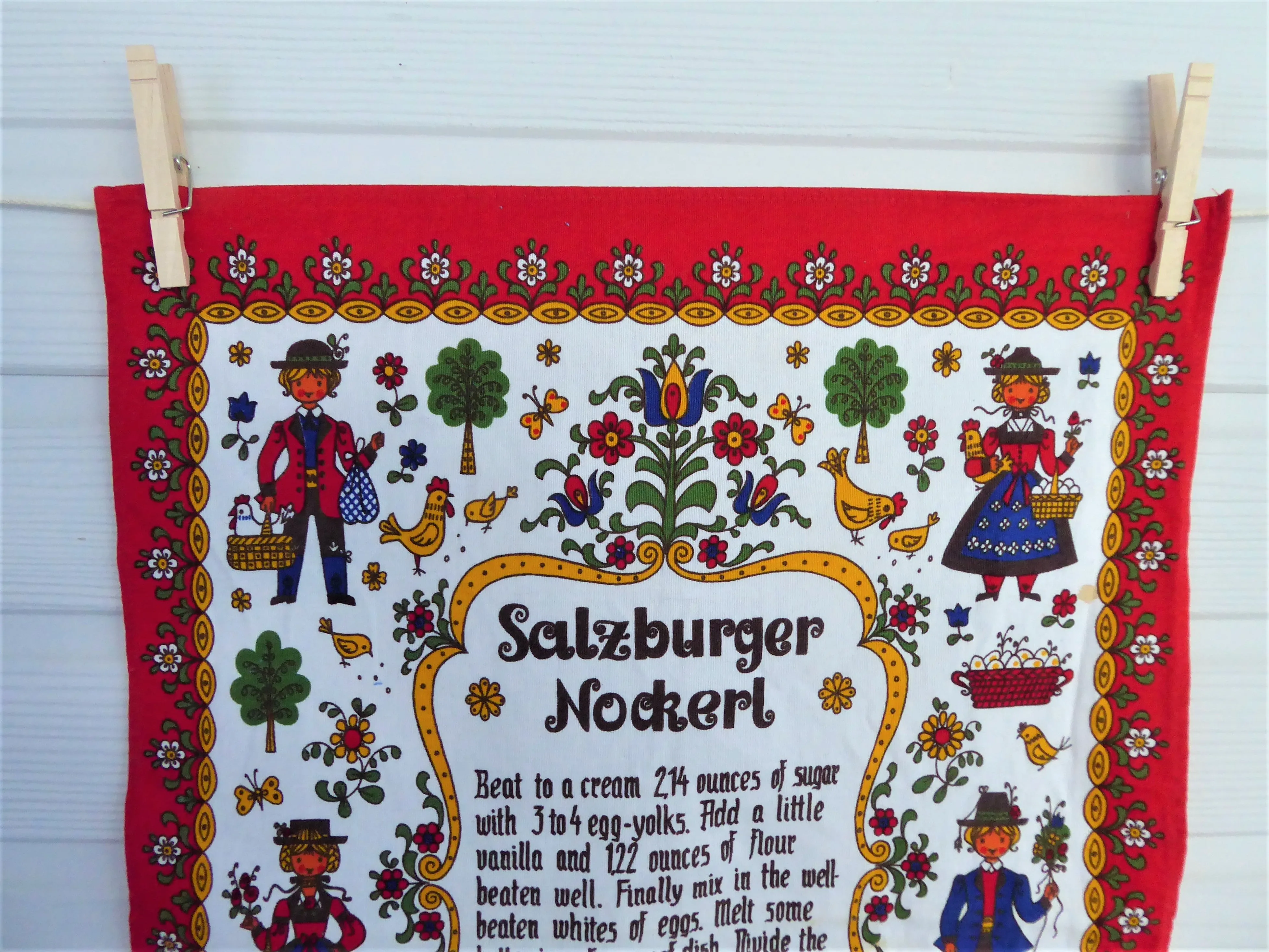 Austrian Tea Towel Salzburger Nockerl Recipe Dish Towel 1980s Cotton Folk Art