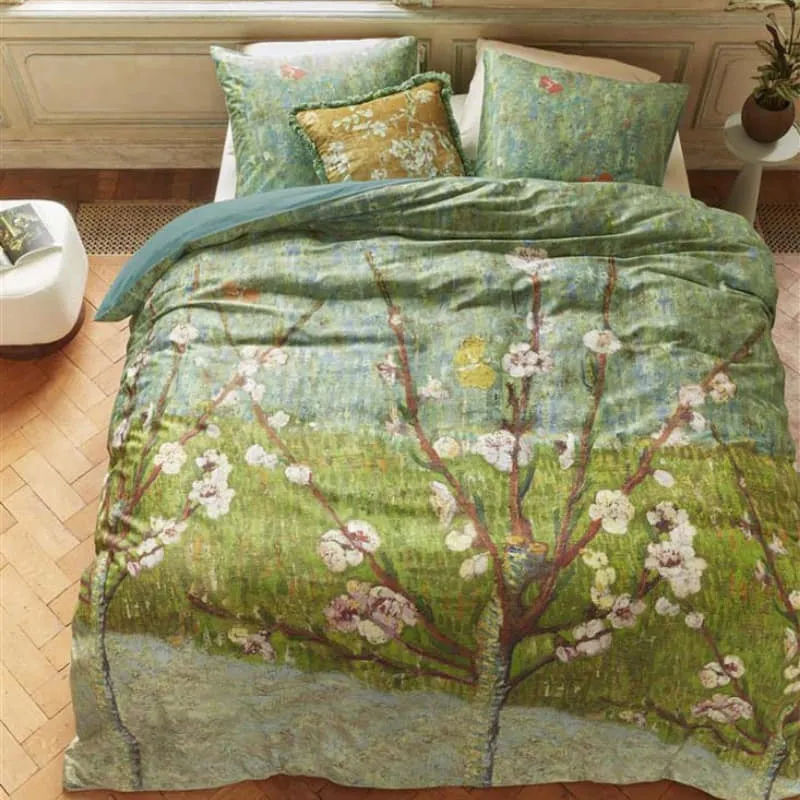 Bedding House Van Gogh Peach Trees Cotton Sateen Green Quilt Cover Set