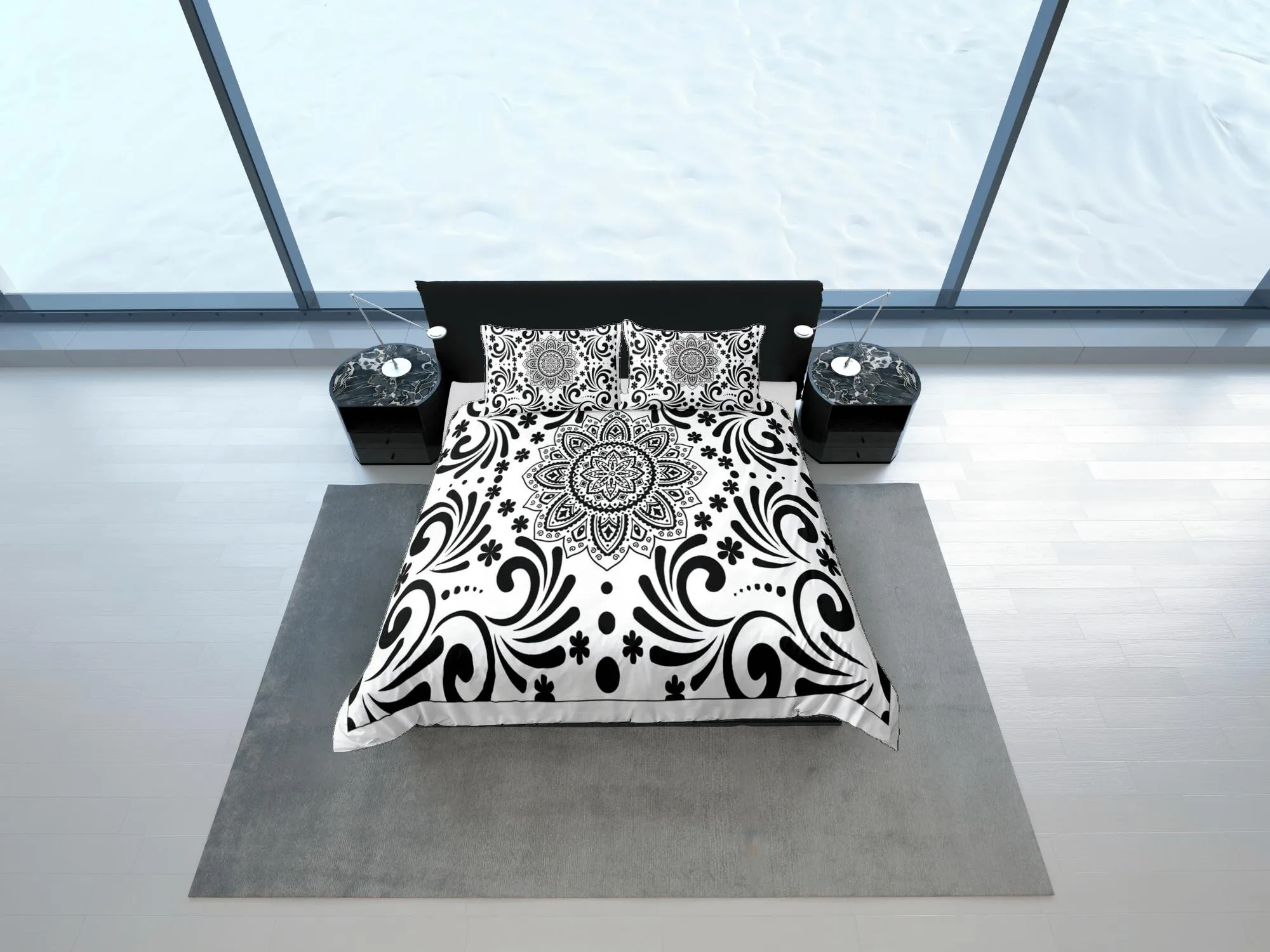 Black and white mandala duvet cover boho bedding set full, queen, king, dorm bedding, aesthetic room decor indian bedspread maximalist decor