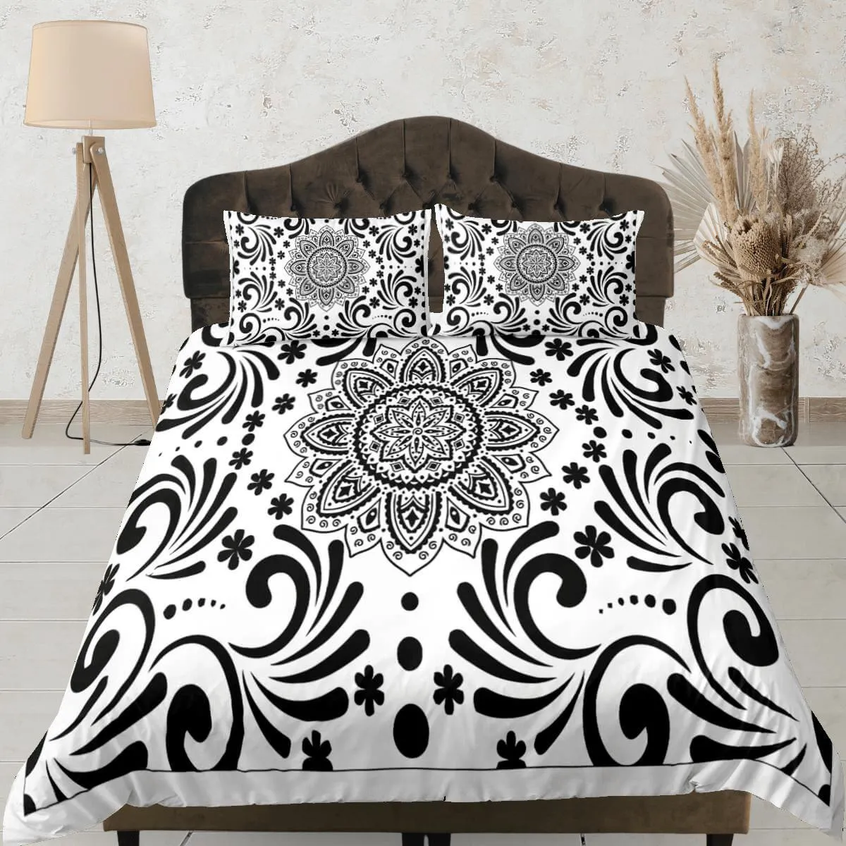 Black and white mandala duvet cover boho bedding set full, queen, king, dorm bedding, aesthetic room decor indian bedspread maximalist decor