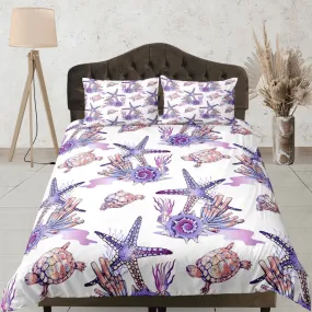 Boho purple starfish corals coastal grandma duvet cover ocean blush bedding set full queen king, aesthetic room decor, gift for beach lovers