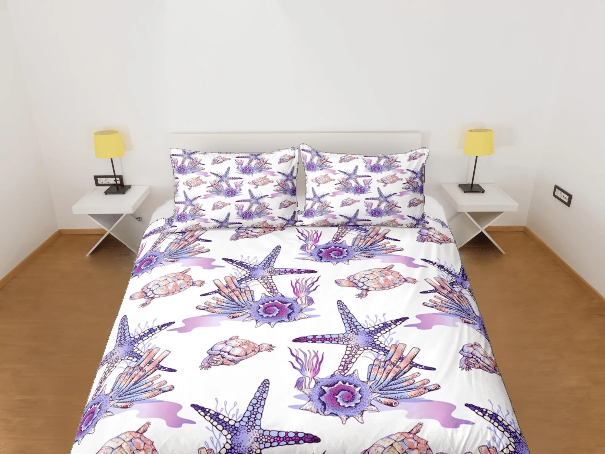 Boho purple starfish corals coastal grandma duvet cover ocean blush bedding set full queen king, aesthetic room decor, gift for beach lovers