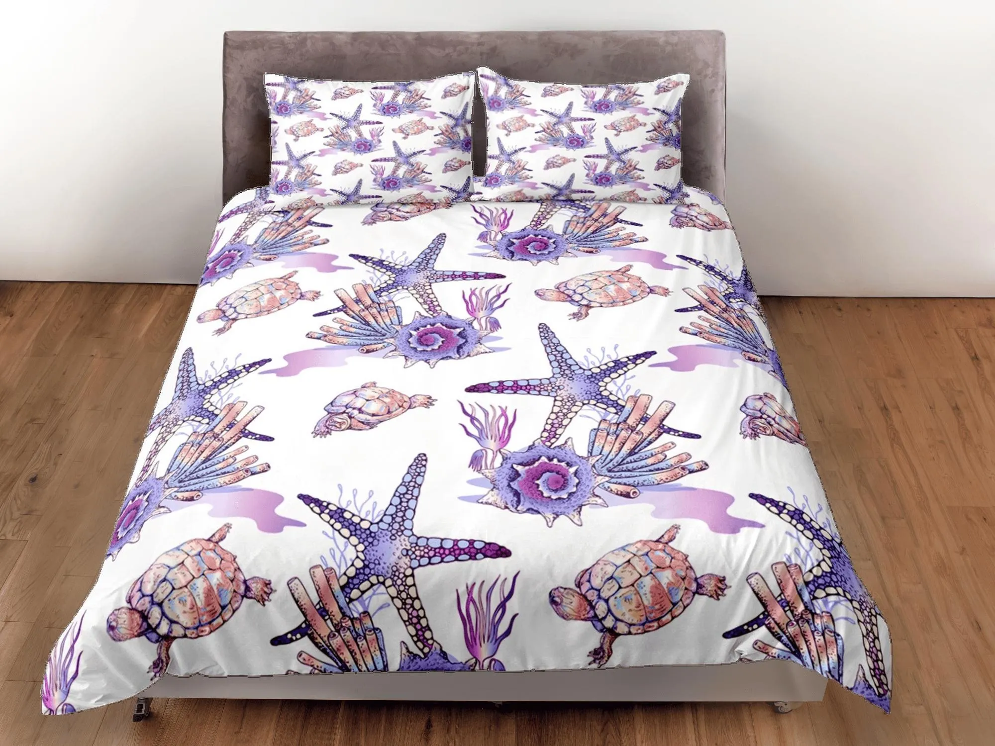 Boho purple starfish corals coastal grandma duvet cover ocean blush bedding set full queen king, aesthetic room decor, gift for beach lovers