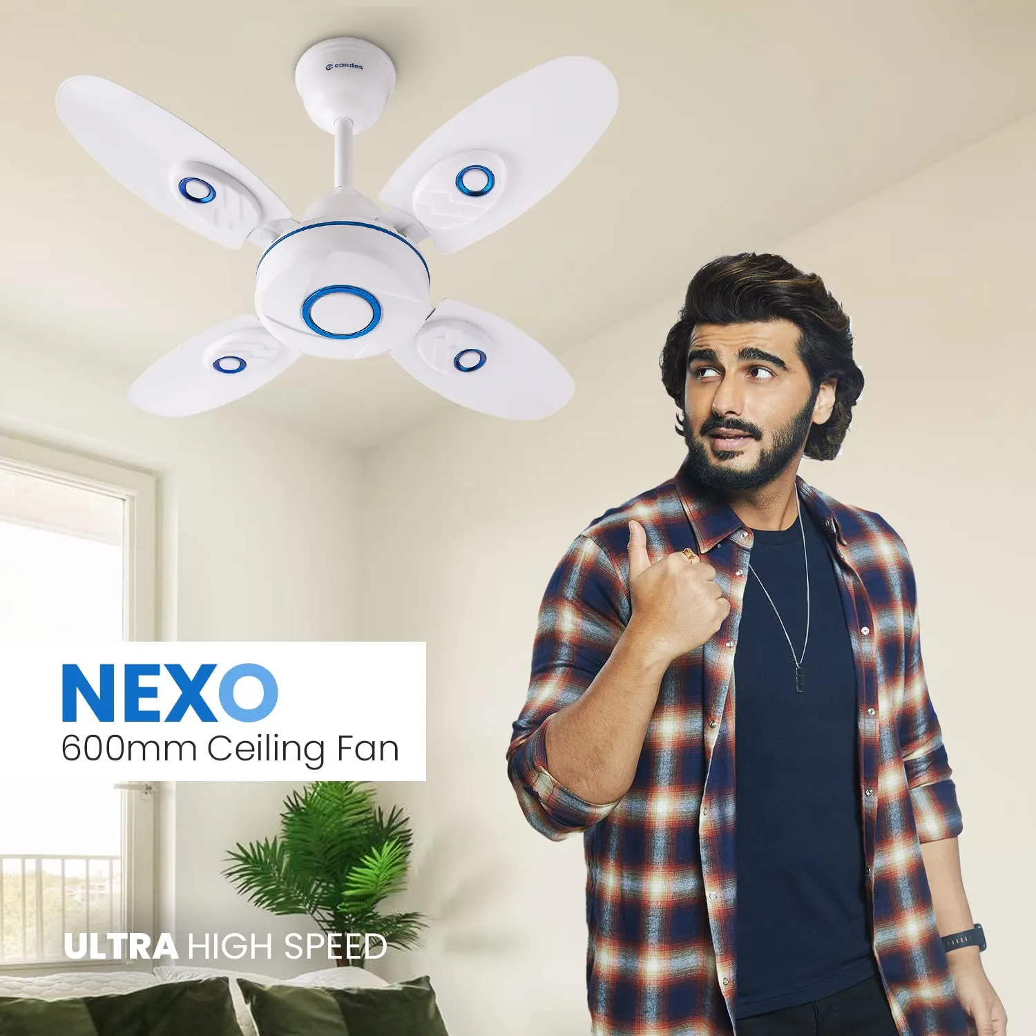 Candes Nexo 600 mm 24 Inch Ultra High Speed 4 Blade Ceiling Fan (White Blue)