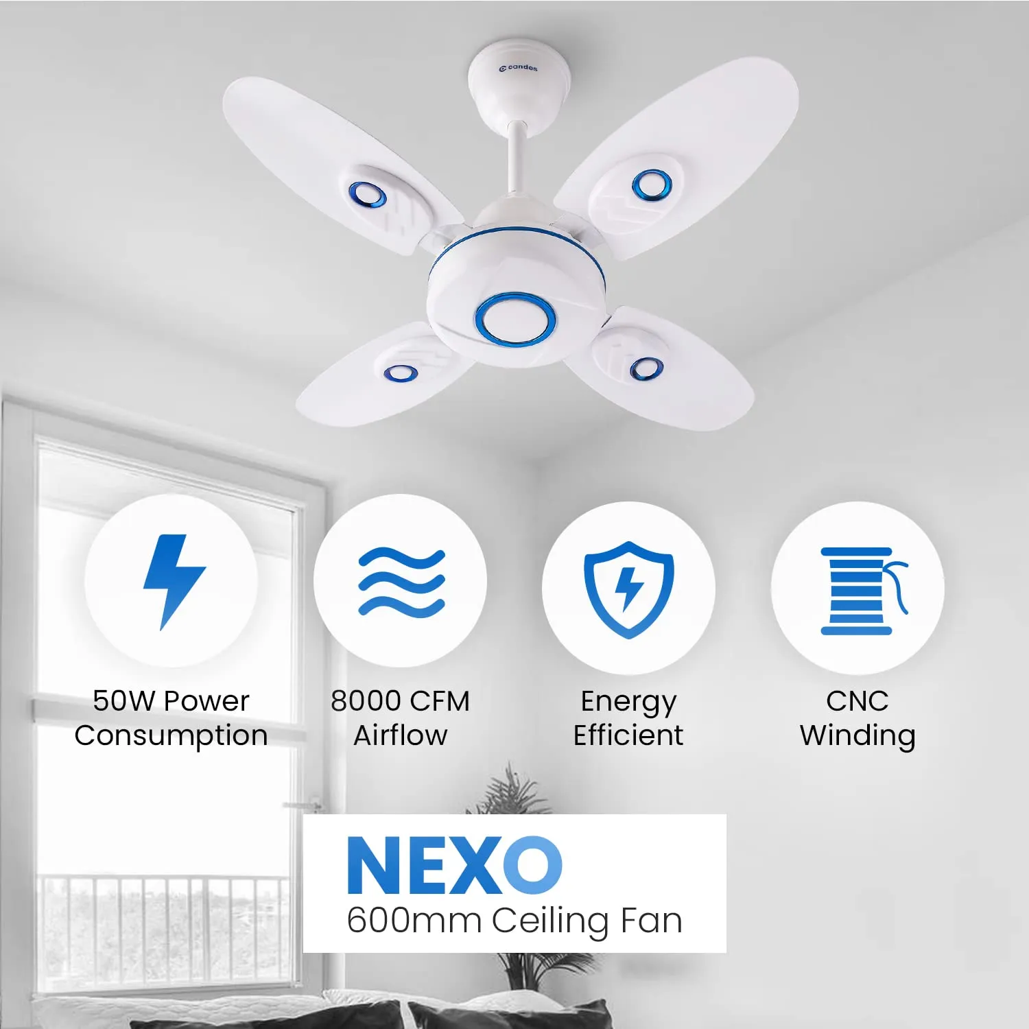 Candes Nexo 600 mm 24 Inch Ultra High Speed 4 Blade Ceiling Fan (White Blue)