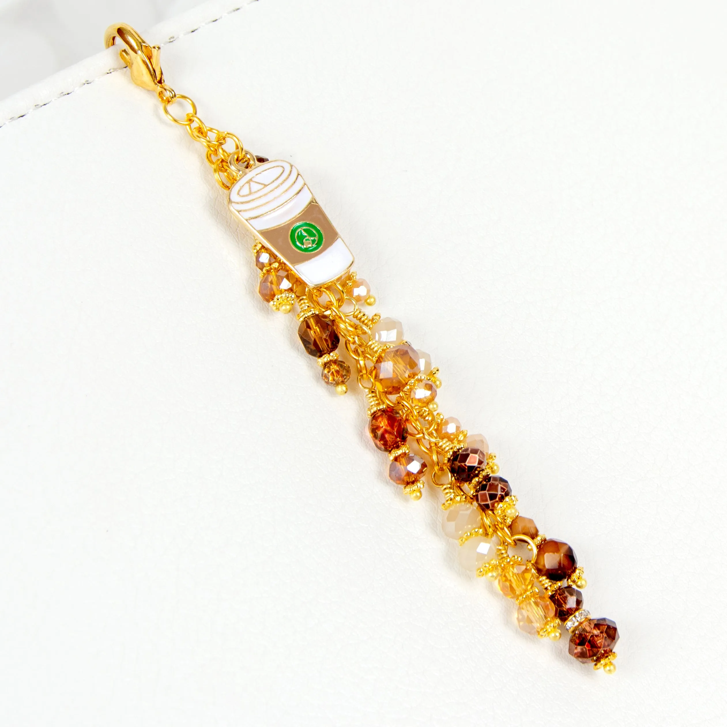 Coffee Cup Planner Charm with Dangle of Brown, Amber and Cream Crystals