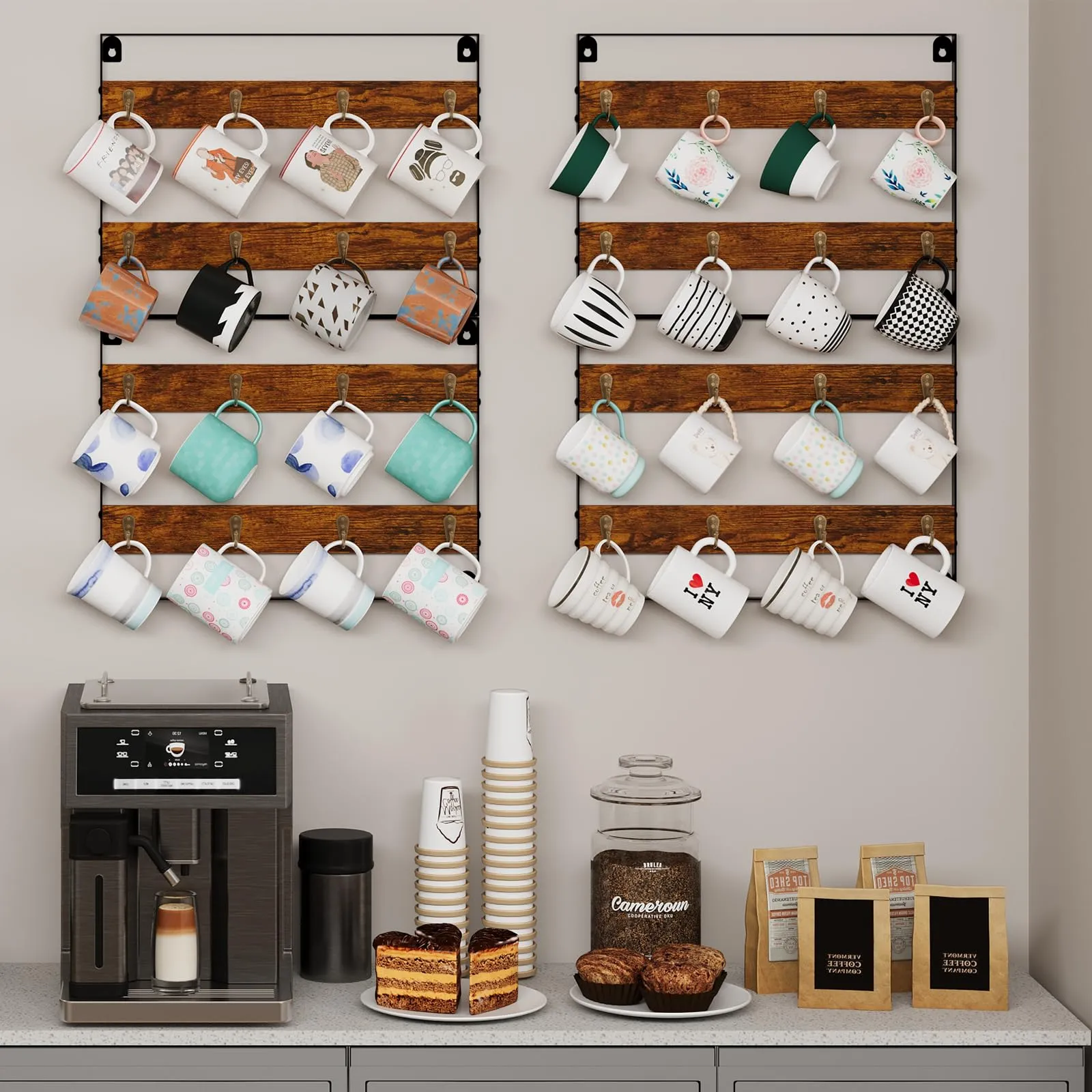 Coffee Mug Rack Shelf Storage - Coffee Cup Holder Wall Mount Up to Hold 32 Mugs (4Pack), Rustic Wood Coffee Mug Holder Organizer Wall Mount Display Shelf for Kitchen, Home, Coffee Bar, Office