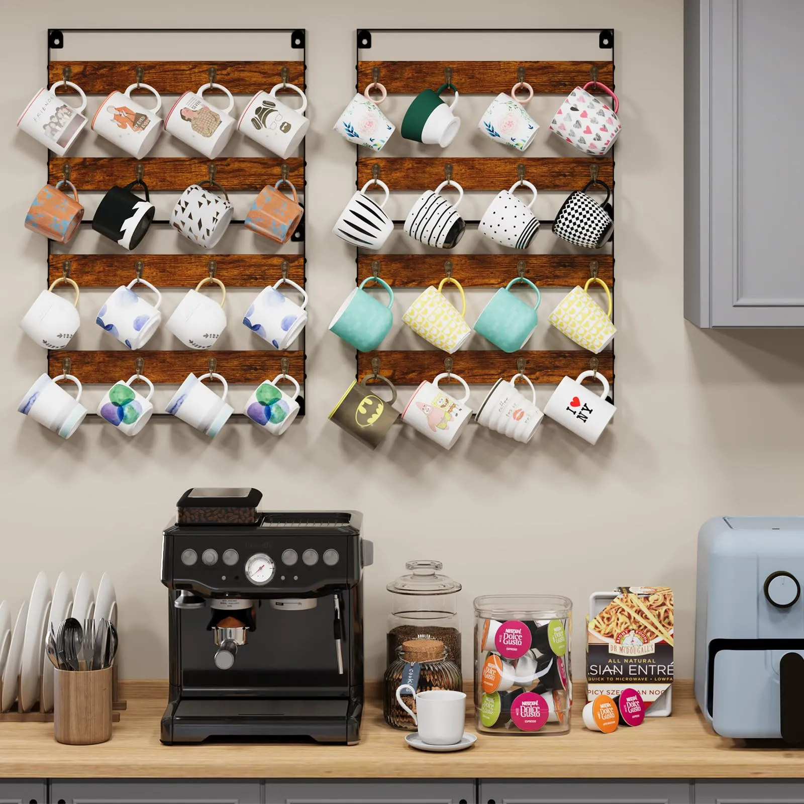 Coffee Mug Rack Shelf Storage - Coffee Cup Holder Wall Mount Up to Hold 32 Mugs (4Pack), Rustic Wood Coffee Mug Holder Organizer Wall Mount Display Shelf for Kitchen, Home, Coffee Bar, Office