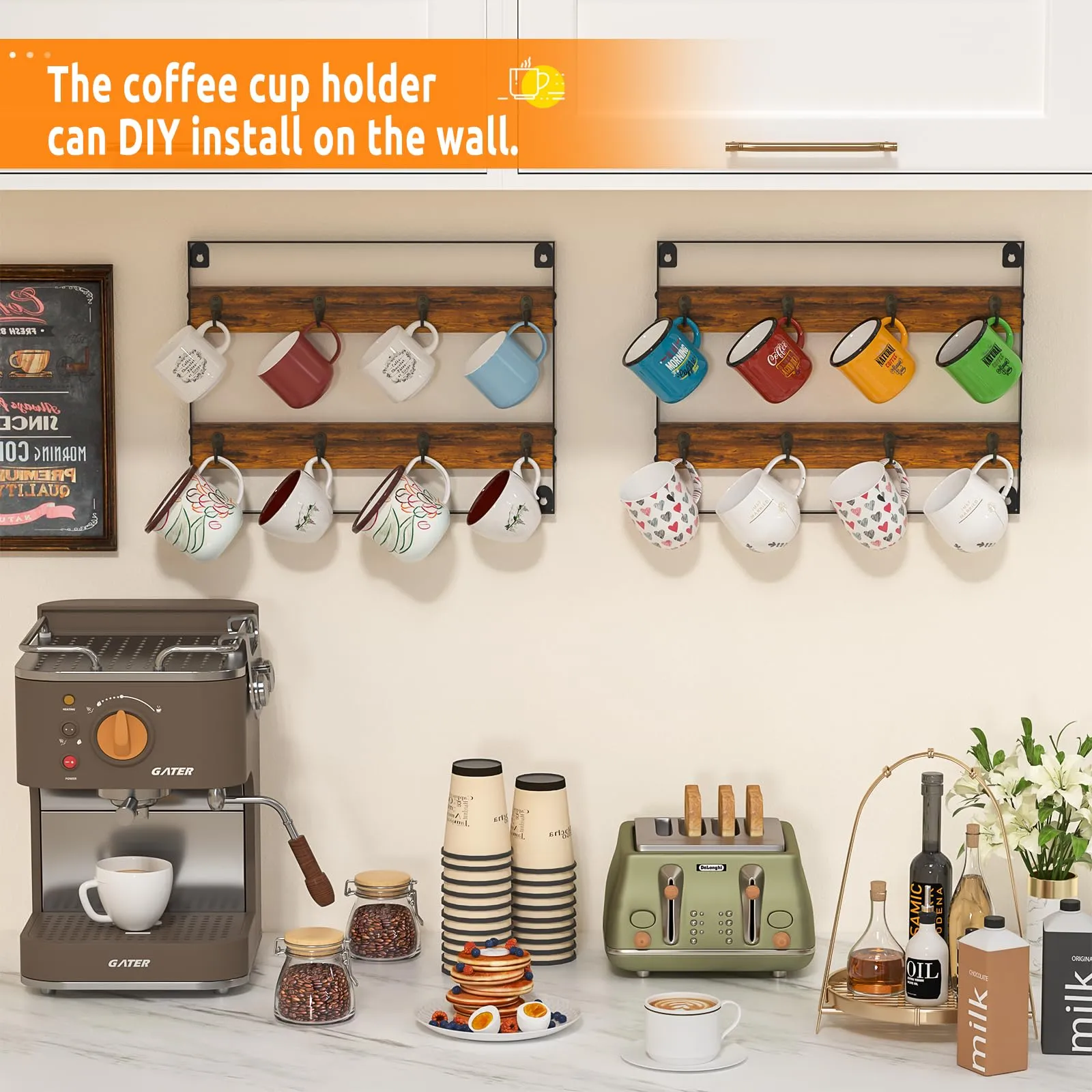 Coffee Mug Rack Shelf Storage - Coffee Cup Holder Wall Mount Up to Hold 32 Mugs (4Pack), Rustic Wood Coffee Mug Holder Organizer Wall Mount Display Shelf for Kitchen, Home, Coffee Bar, Office