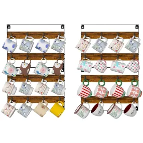 Coffee Mug Rack Shelf Storage - Coffee Cup Holder Wall Mount Up to Hold 32 Mugs (4Pack), Rustic Wood Coffee Mug Holder Organizer Wall Mount Display Shelf for Kitchen, Home, Coffee Bar, Office