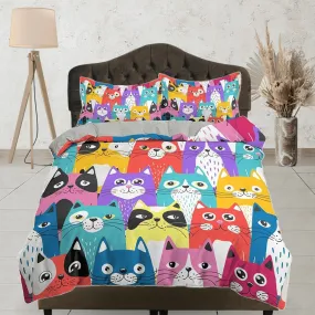 Colorful Funny Cats Kids Duvet Cover Set, Toddler Bedding, Kids Bedroom, Cute Bedding for Cat Lovers, Duvet King Queen Full Twin Single