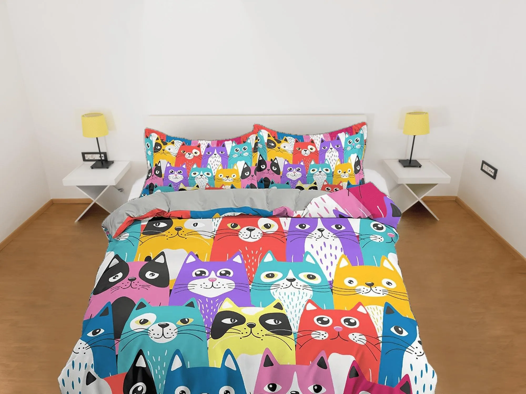 Colorful Funny Cats Kids Duvet Cover Set, Toddler Bedding, Kids Bedroom, Cute Bedding for Cat Lovers, Duvet King Queen Full Twin Single