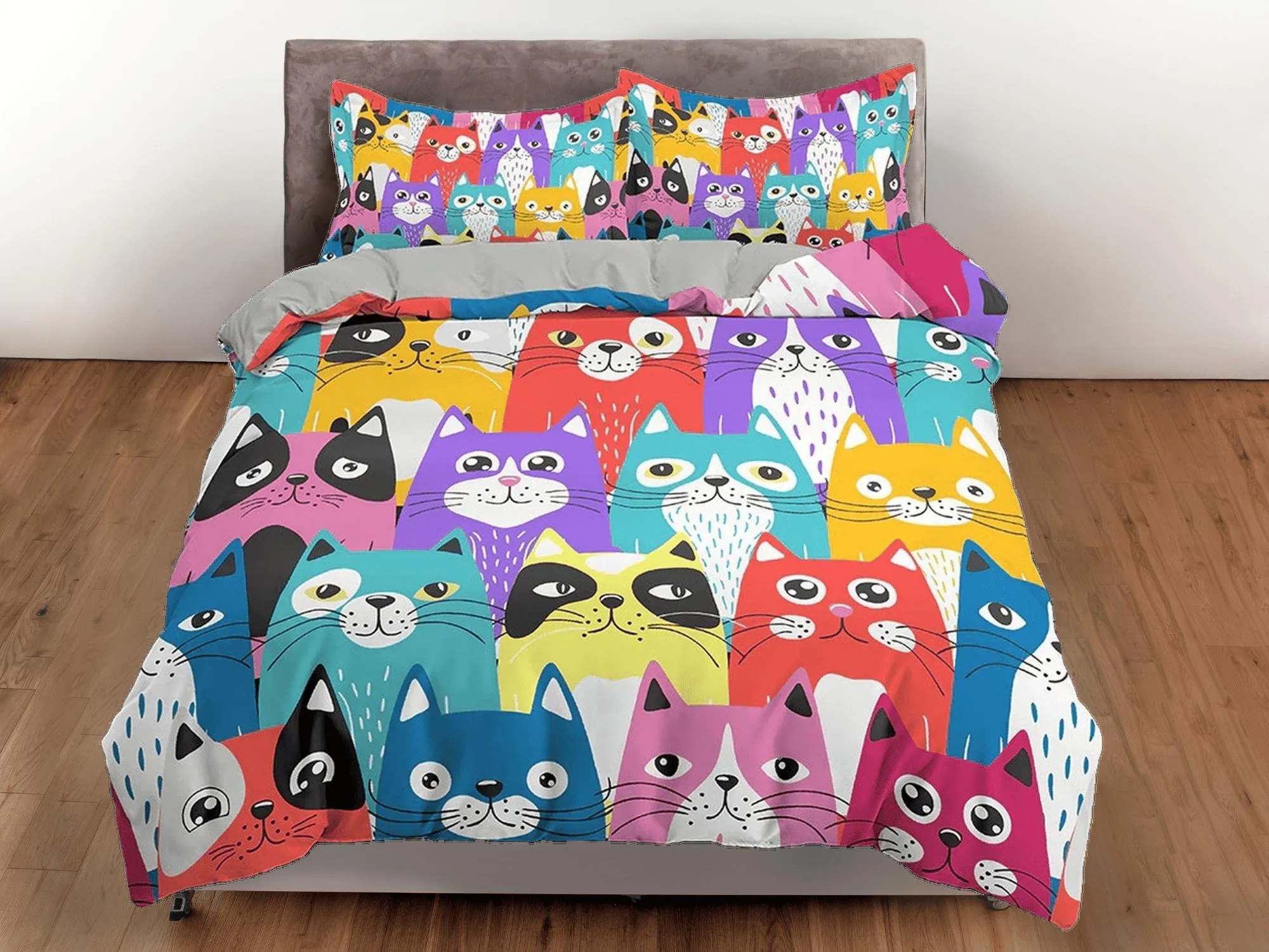 Colorful Funny Cats Kids Duvet Cover Set, Toddler Bedding, Kids Bedroom, Cute Bedding for Cat Lovers, Duvet King Queen Full Twin Single