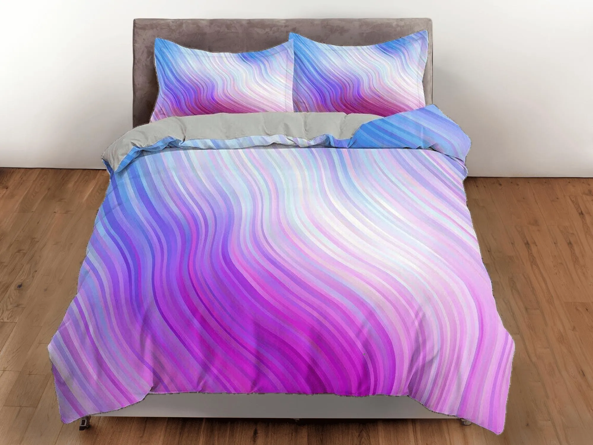 Contemporary bedroom set aesthetic pink purple gradient duvet cover, marble abstract art room decor boho chic bedding set full king queen