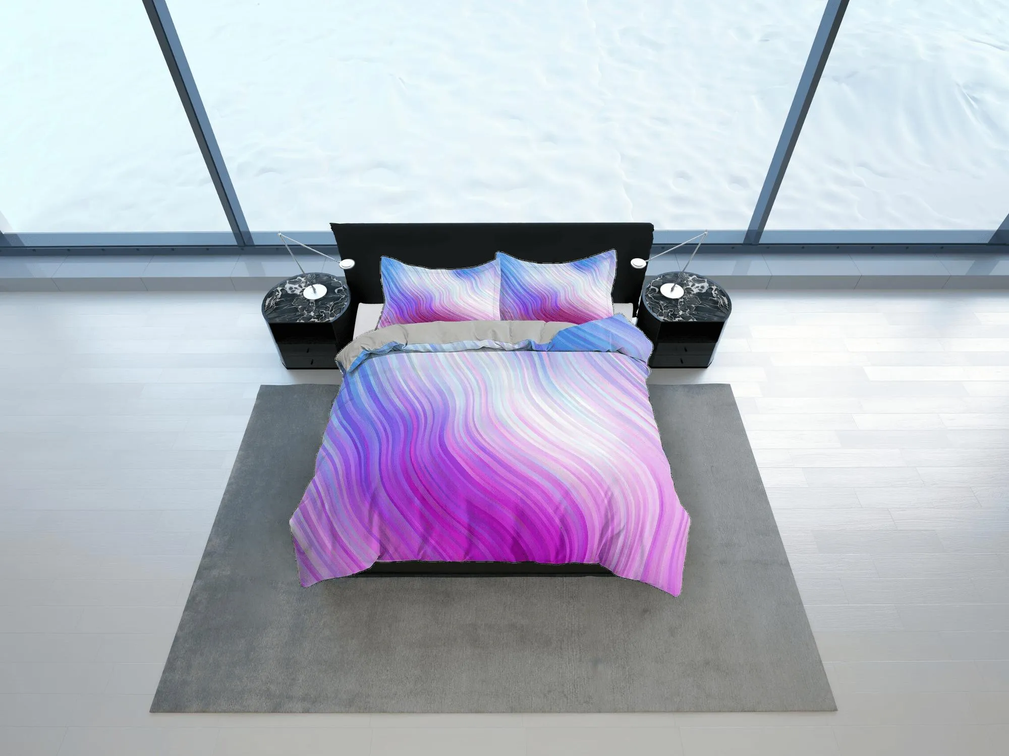 Contemporary bedroom set aesthetic pink purple gradient duvet cover, marble abstract art room decor boho chic bedding set full king queen