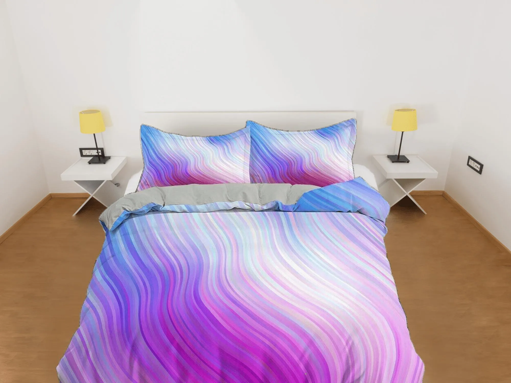 Contemporary bedroom set aesthetic pink purple gradient duvet cover, marble abstract art room decor boho chic bedding set full king queen