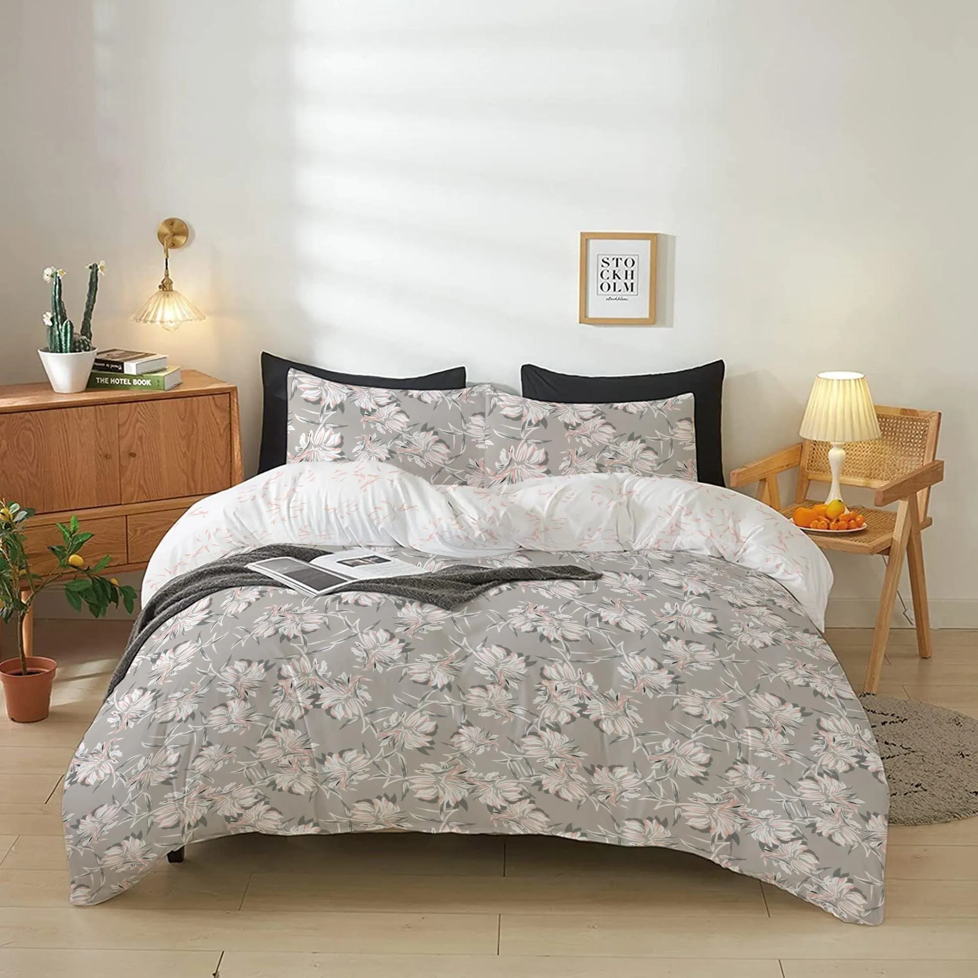 Cotton Home 4-Piece Luxury Cotton Comforter Set Ditsy Floral Grey