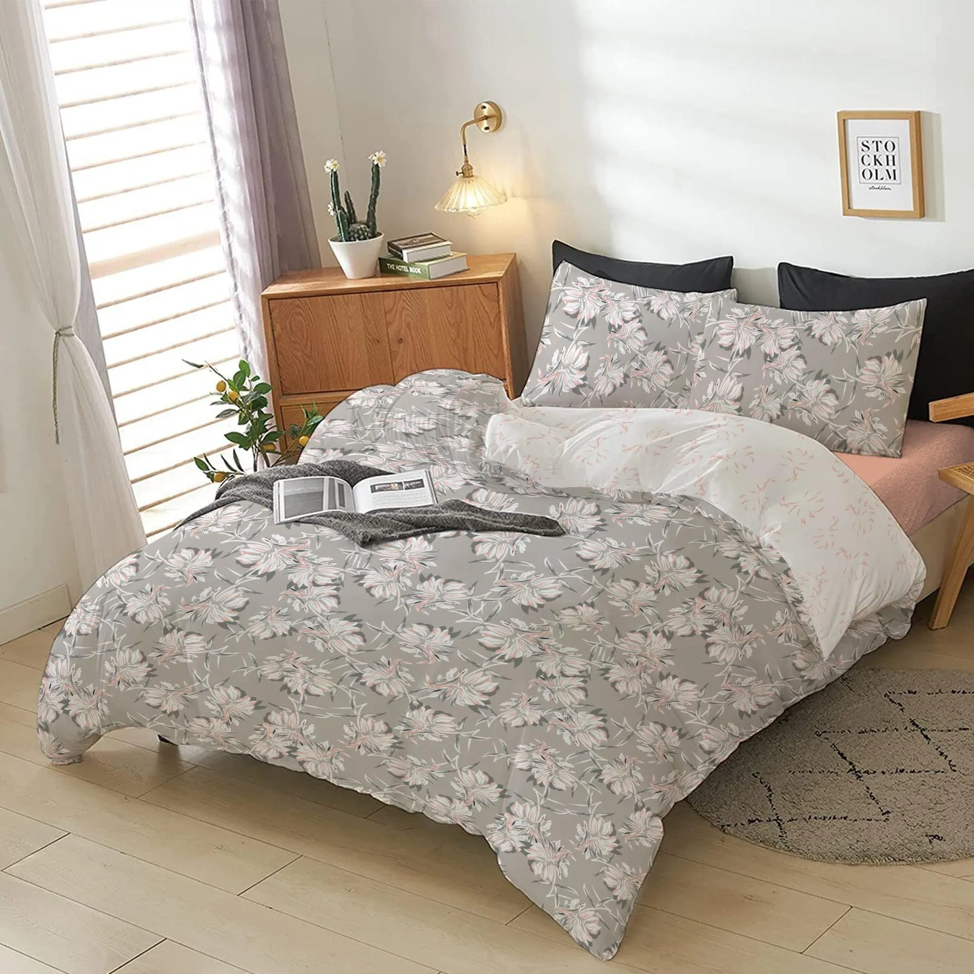 Cotton Home 4-Piece Luxury Cotton Comforter Set Ditsy Floral Grey