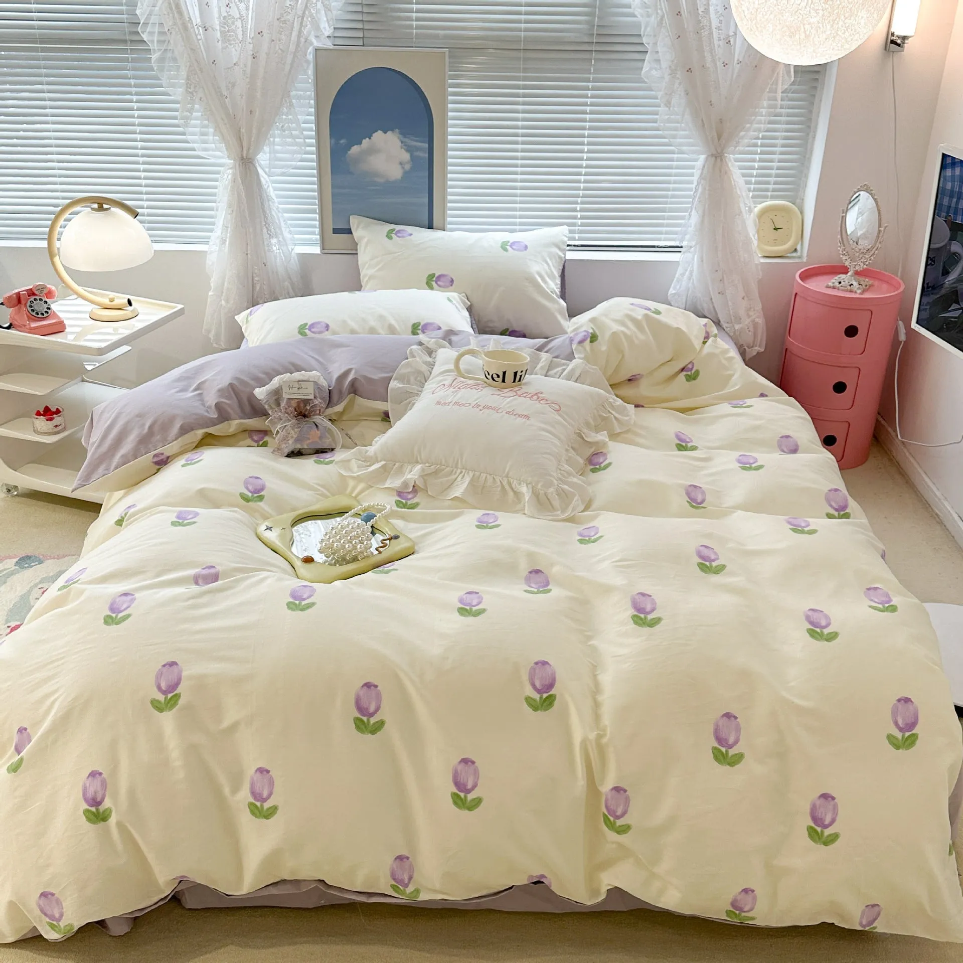 Cute Floral Rabbit Cotton Four-piece Set Pastoral Cotton Quilt Cover Bed Sheet Three-piece Set