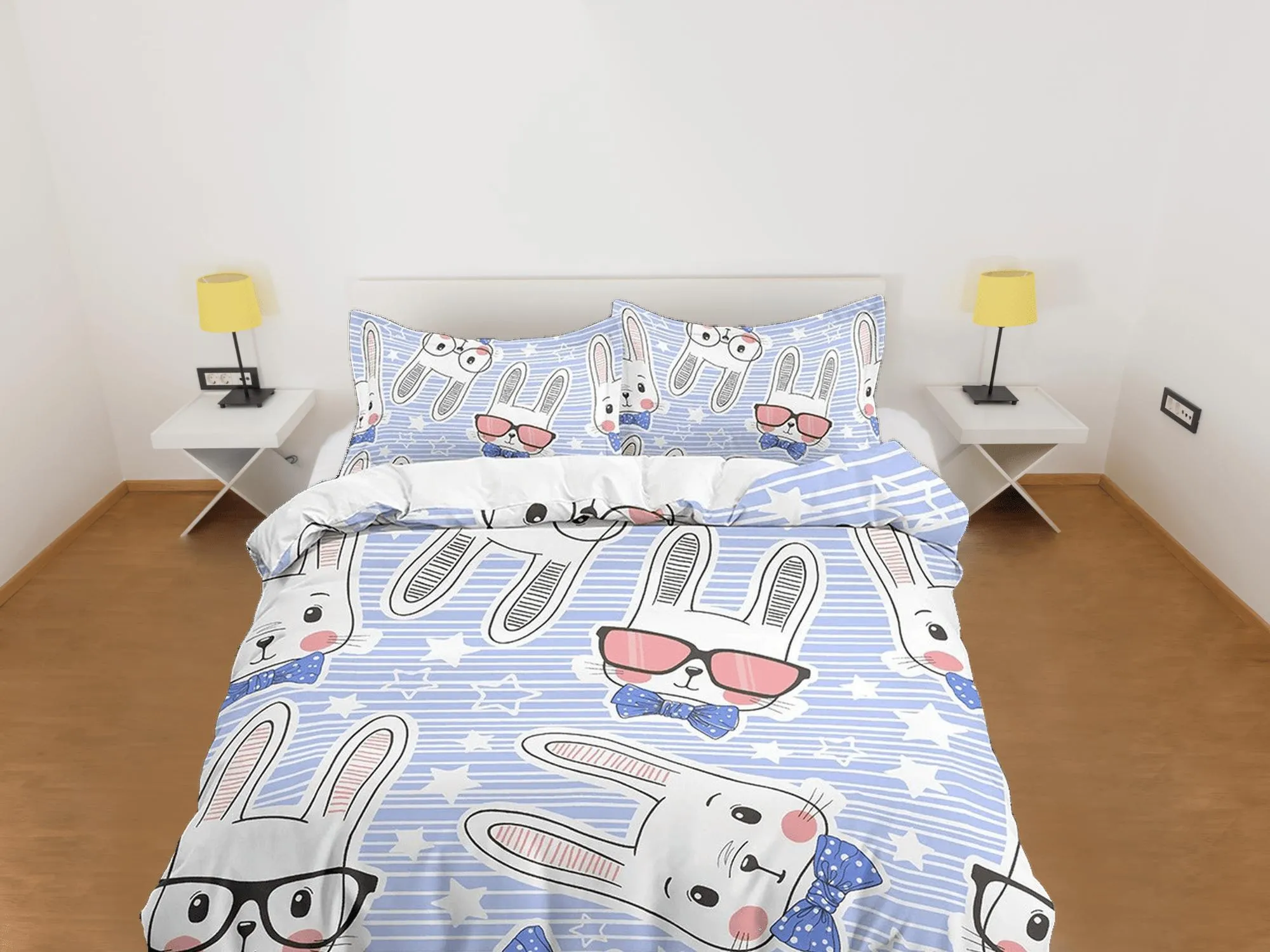 Cute White Bunny Lavender Bedding, Duvet Cover Set & Pillowcase, Zipper Bedding, Dorm Bedding, Teens Adult Duvet King Queen Full Twin Single