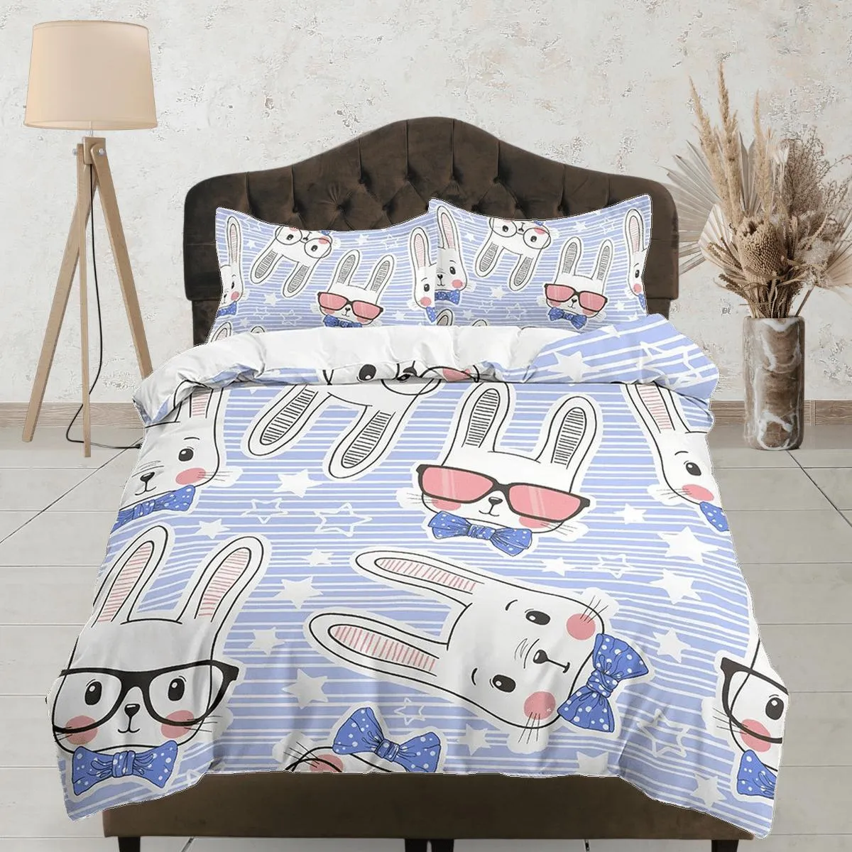 Cute White Bunny Lavender Bedding, Duvet Cover Set & Pillowcase, Zipper Bedding, Dorm Bedding, Teens Adult Duvet King Queen Full Twin Single