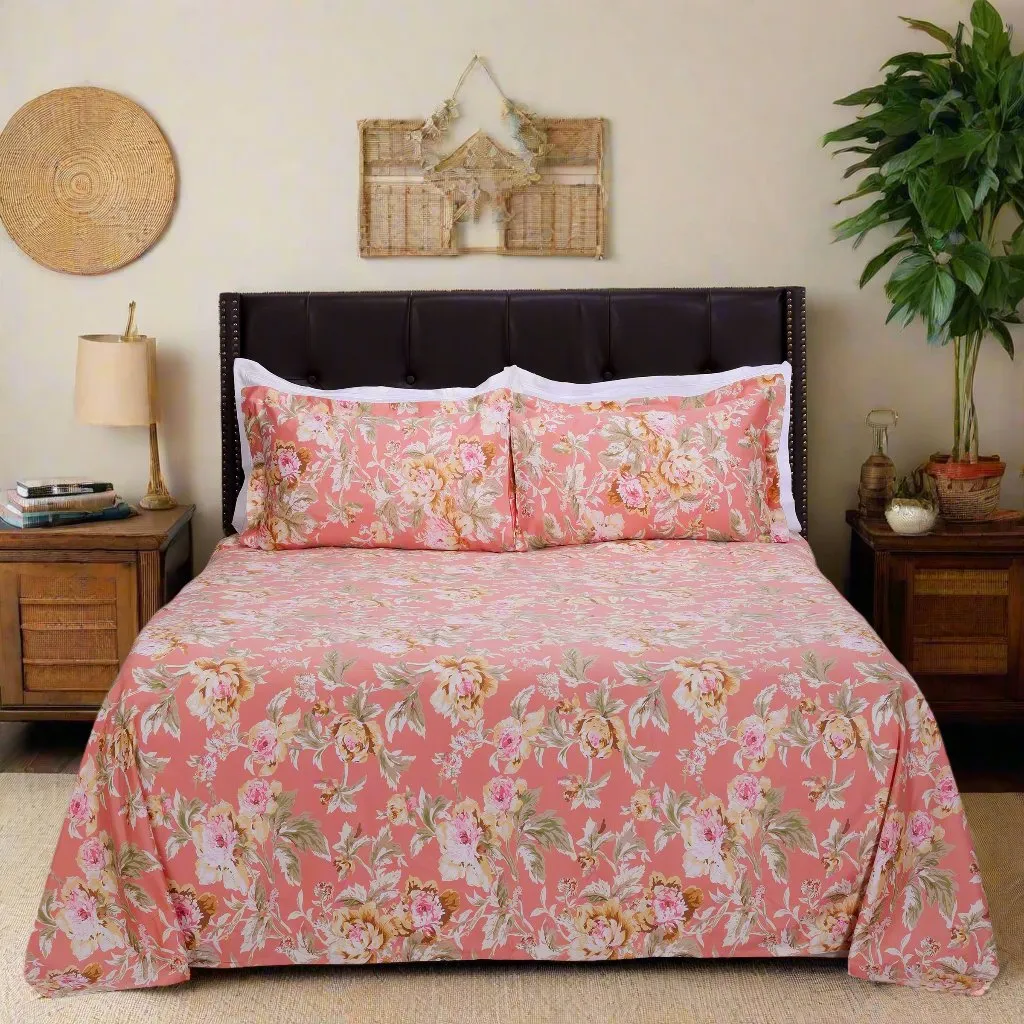 Dahlia Garden Peach Cotton Bedsheet